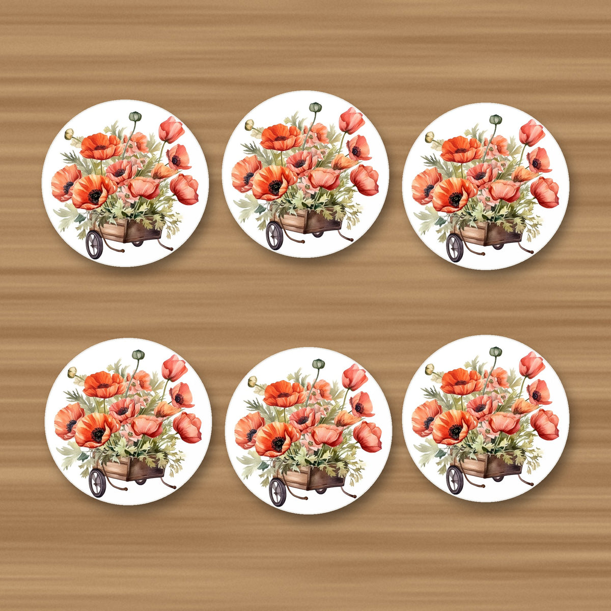 Poppy Wheelbarrow round ceramic coasters, set of 6, glossy finish, on an oak coffee table