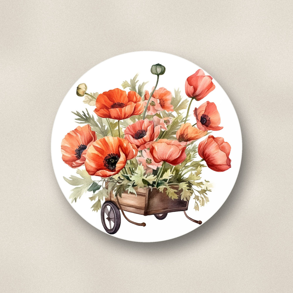 Close-up of one poppy wheelbarrow ceramic coaster, glossy finish, flat UV print