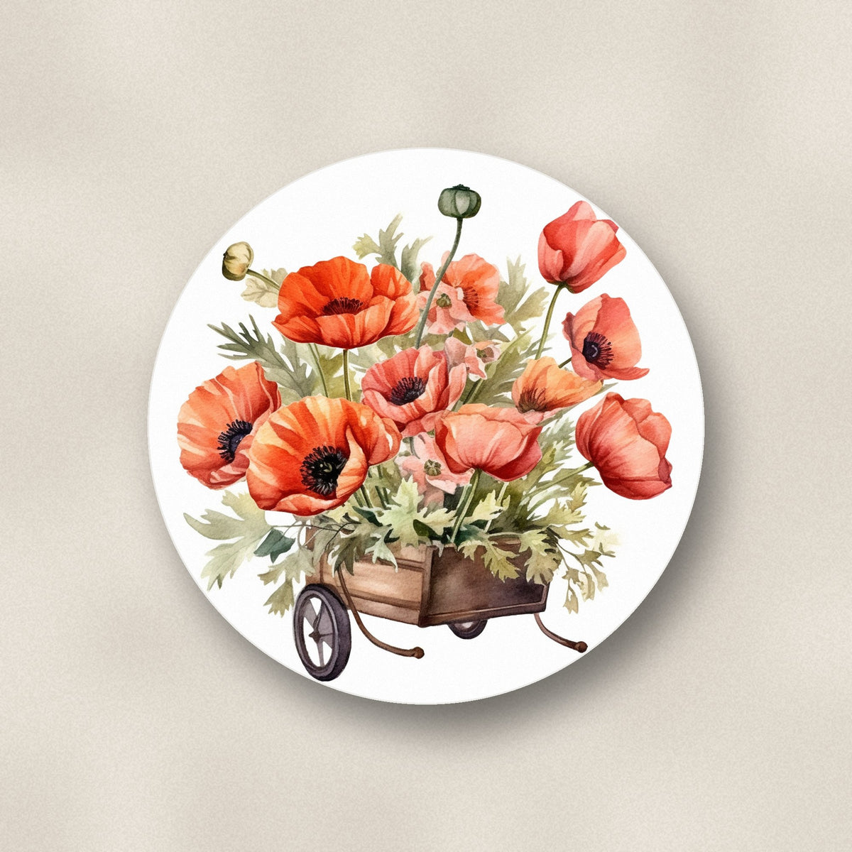Close-up of one poppy wheelbarrow ceramic coaster, matte finish, flat UV print