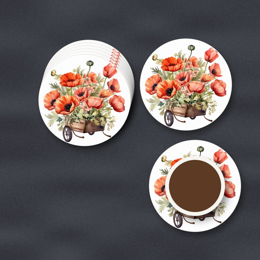 Poppy Wheelbarrow ceramic coasters, matte finish, stacked on a slate kitchen worktop