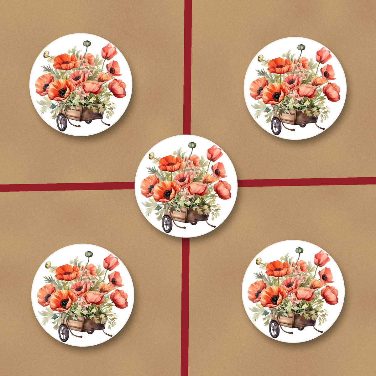 Poppy Wheelbarrow ceramic coasters, glossy finish, on kraft gift wrap