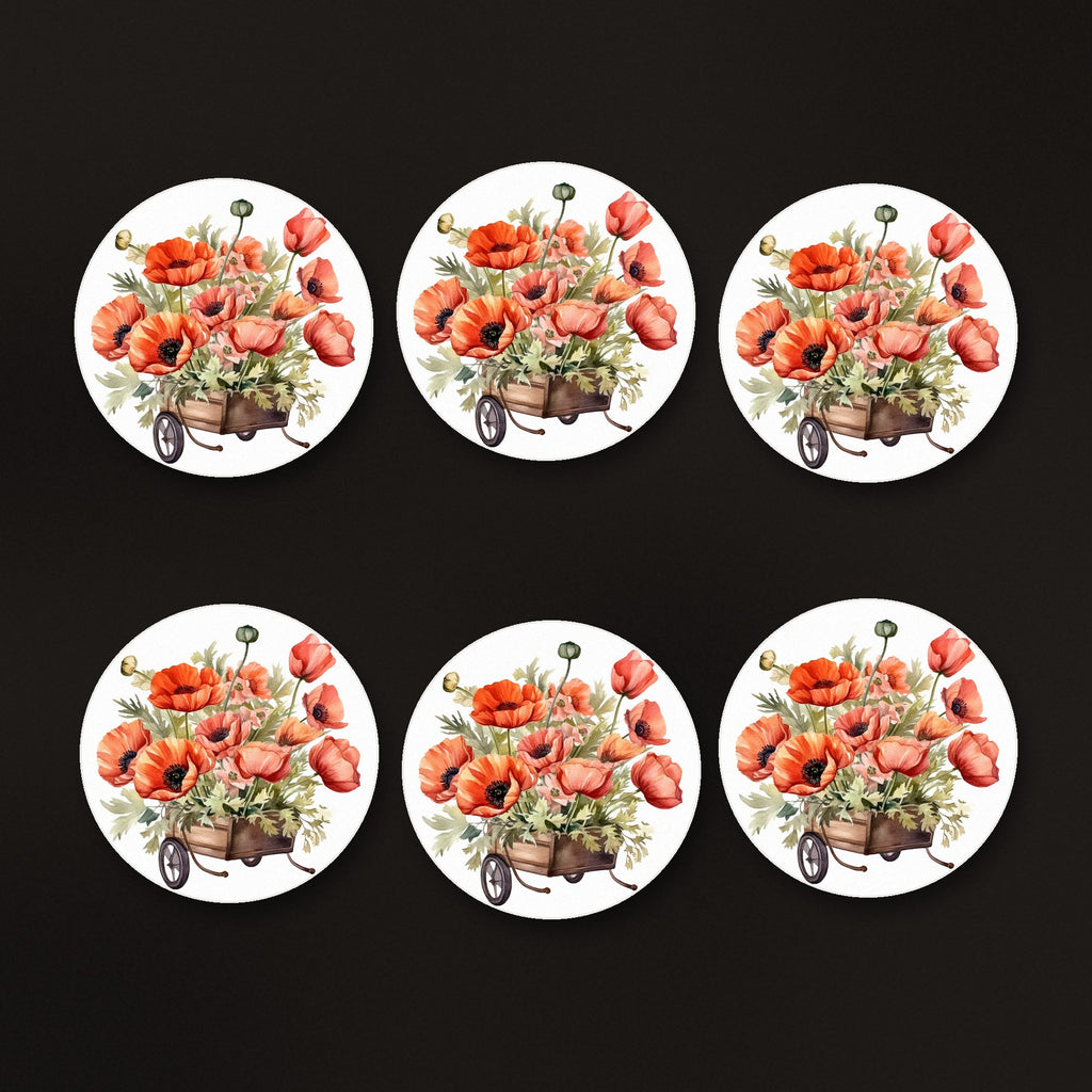 Poppy Wheelbarrow round ceramic coasters, matte finish, on a dark bar counter