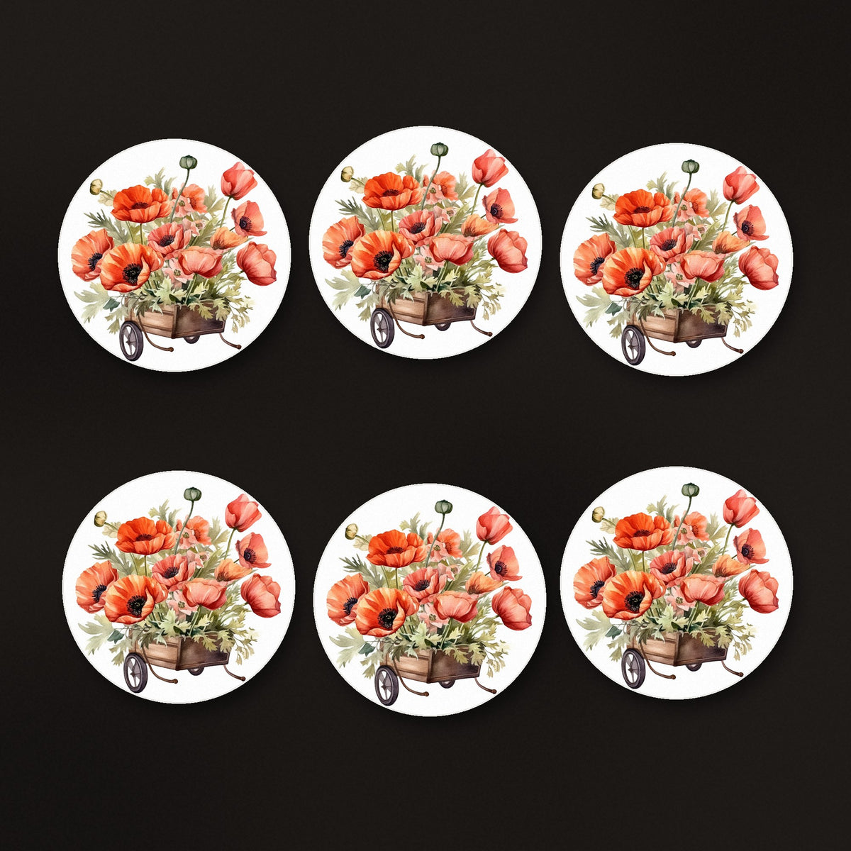 Poppy Wheelbarrow round ceramic coasters, matte finish, on a dark bar counter