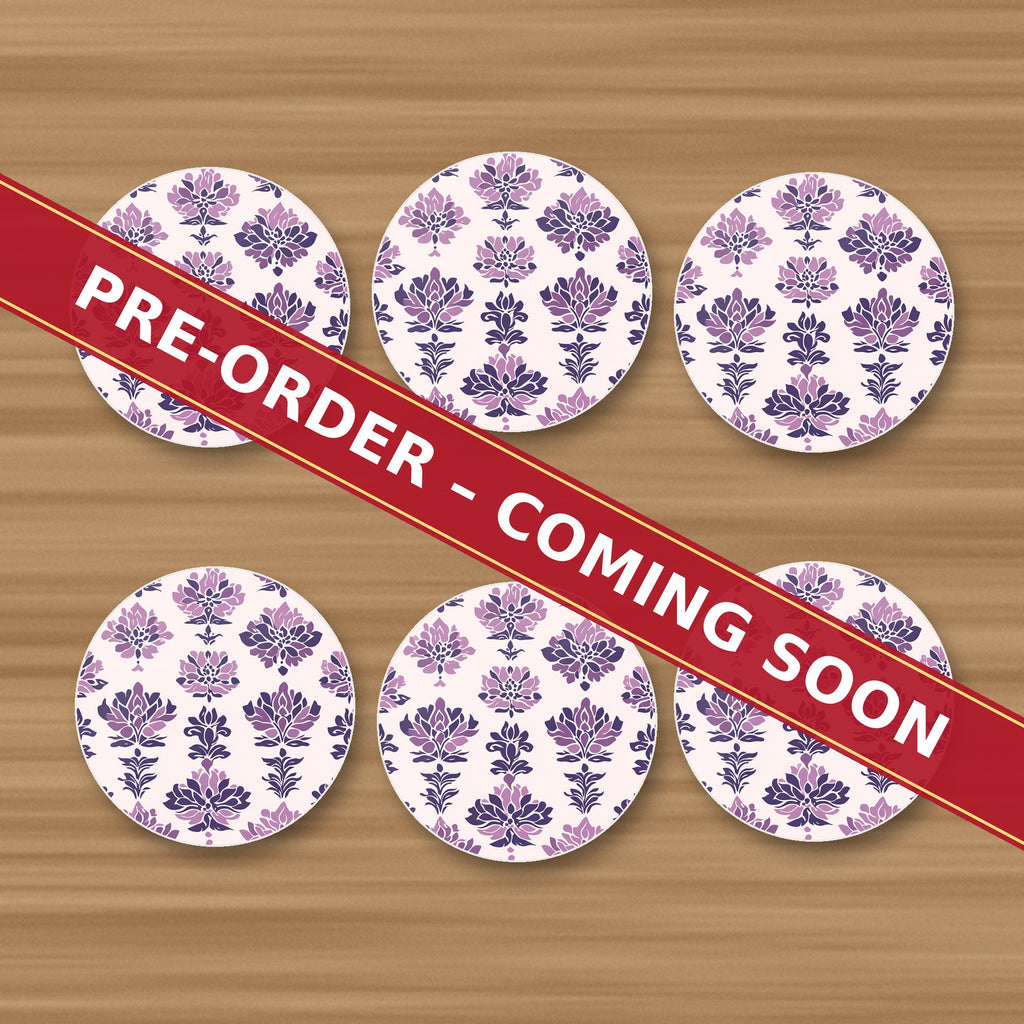 Lilac Damask Pattern round ceramic coaster set of 6, UV printed, pre-order coming soon