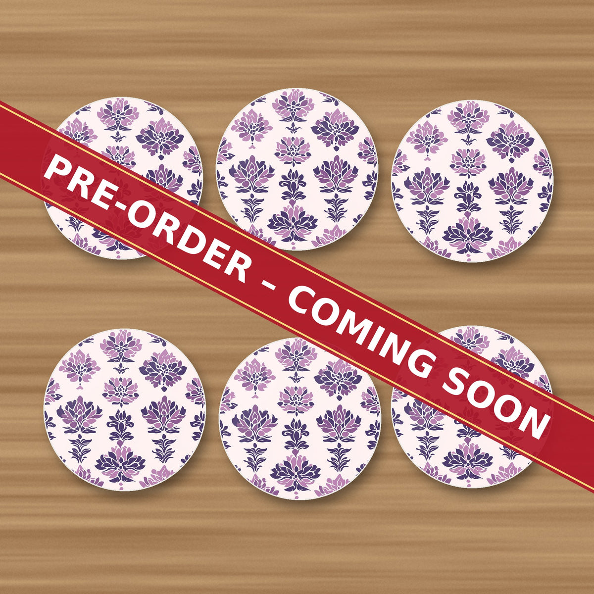 Lilac Damask Pattern round ceramic coaster set of 6, UV printed, pre-order coming soon