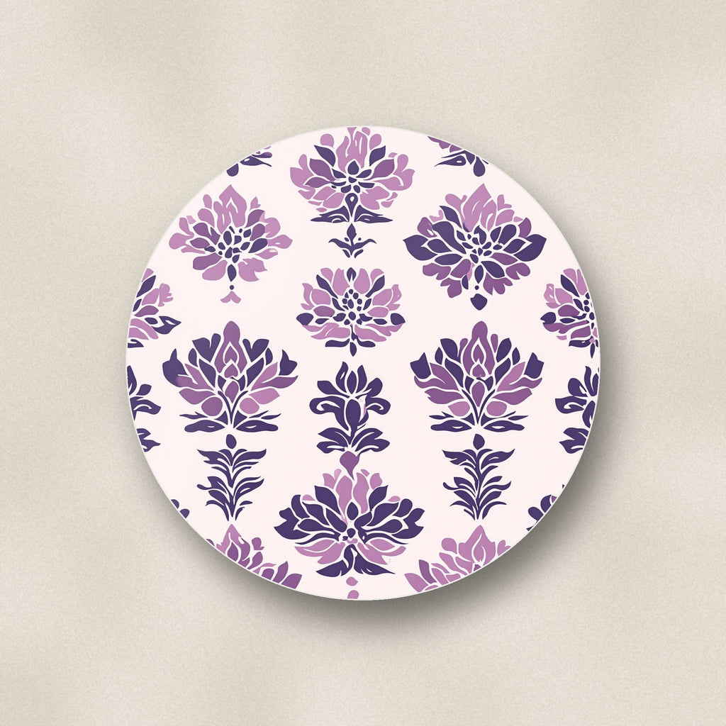 Close-up of one lilac damask pattern ceramic coaster, glossy finish, flat UV print