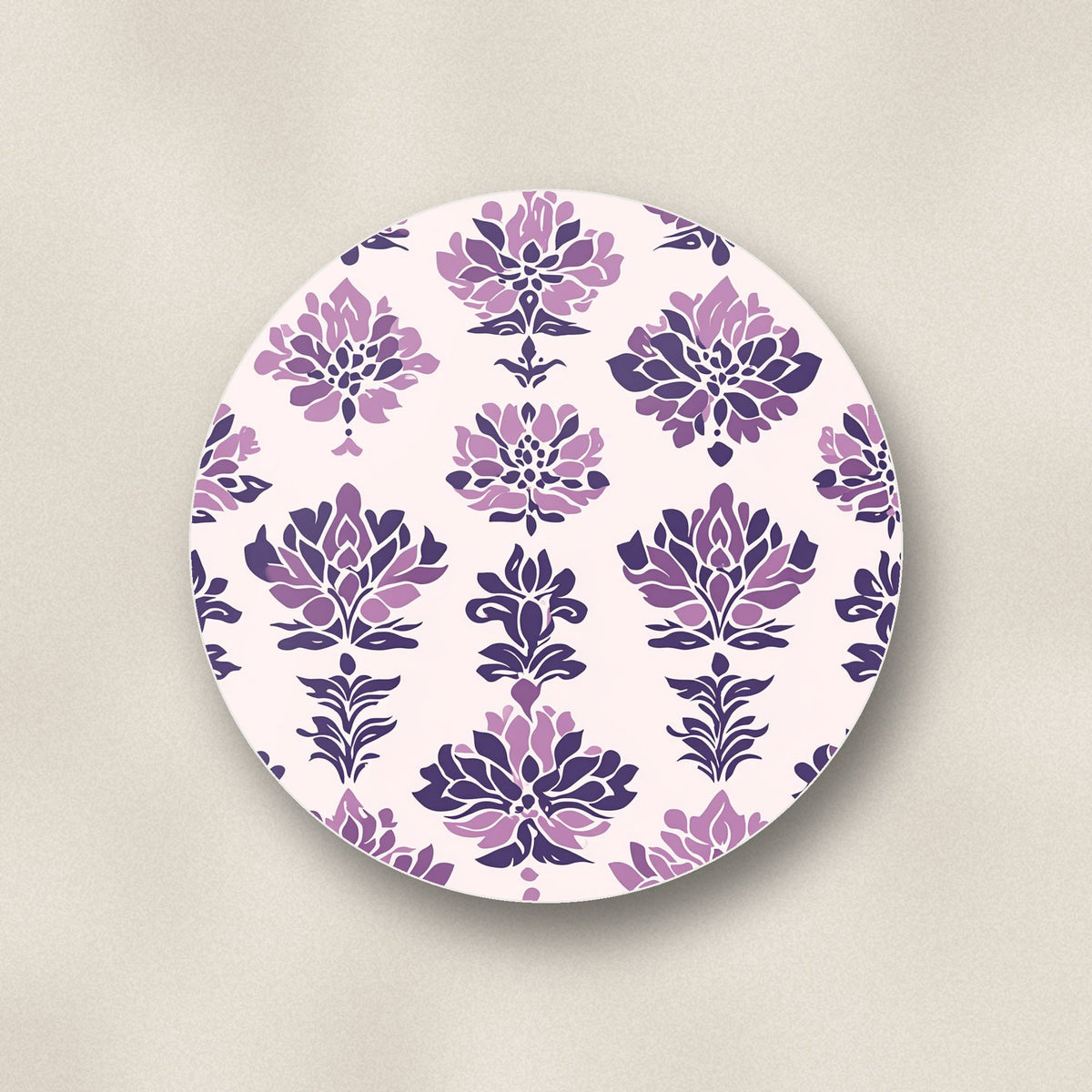 Close-up of one lilac damask pattern ceramic coaster, glossy finish, flat UV print
