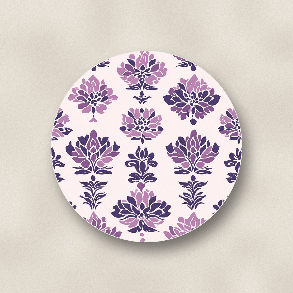 Close-up of one lilac damask pattern ceramic coaster, matte finish, flat UV print