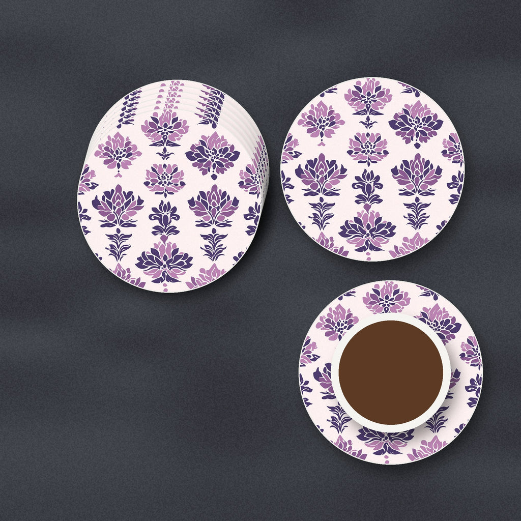 Lilac Damask Pattern ceramic coasters, matte finish, stacked on a slate kitchen worktop