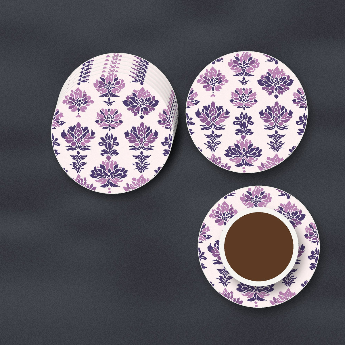 Lilac Damask Pattern ceramic coasters, matte finish, stacked on a slate kitchen worktop