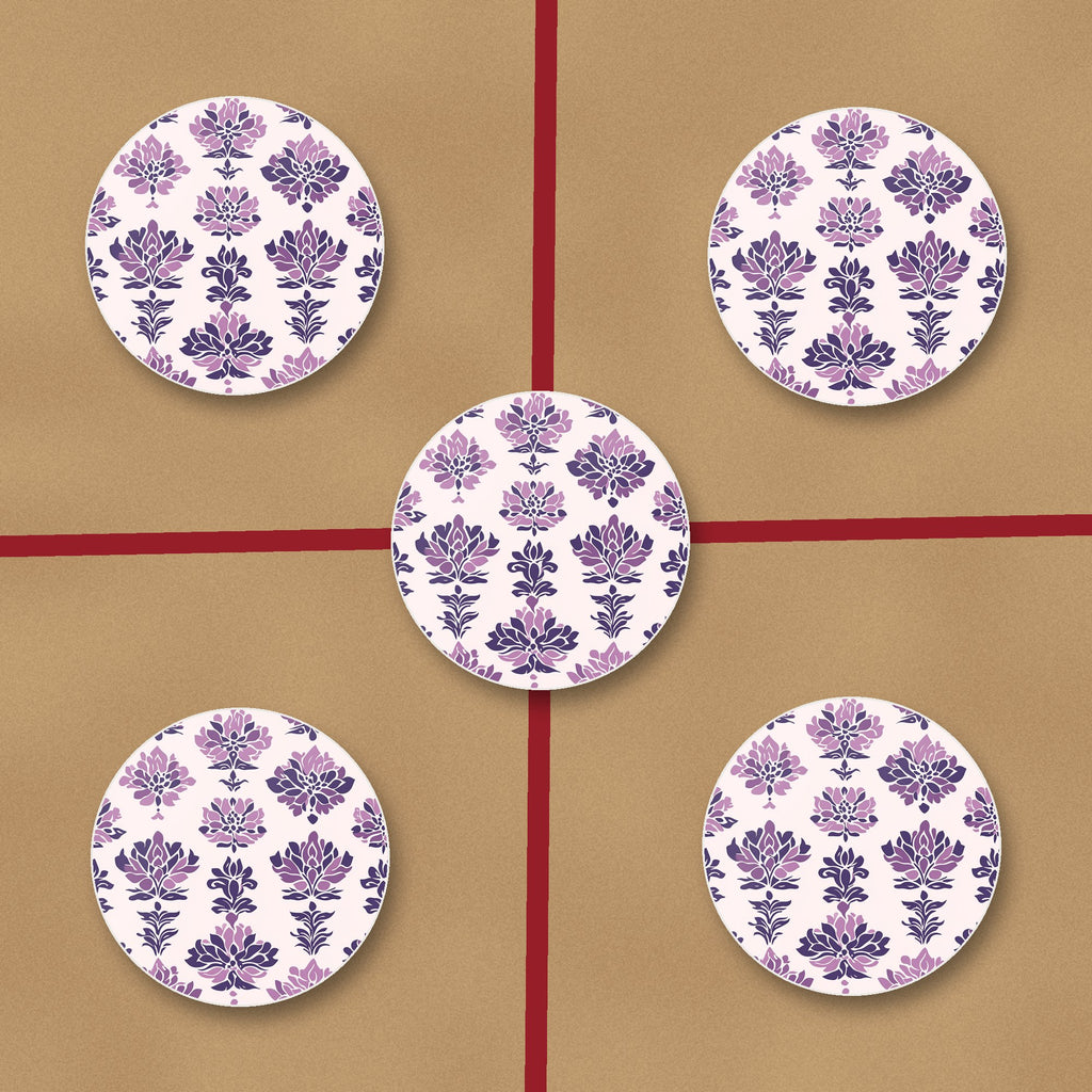 Lilac Damask Pattern ceramic coasters, glossy finish, on kraft gift wrap