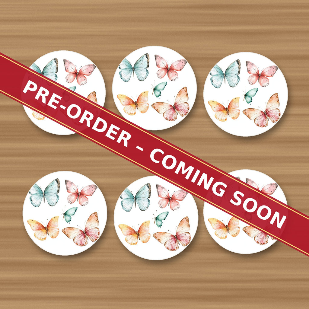 Pastel Butterflies round ceramic coaster set of 6, UV printed, pre-order coming soon