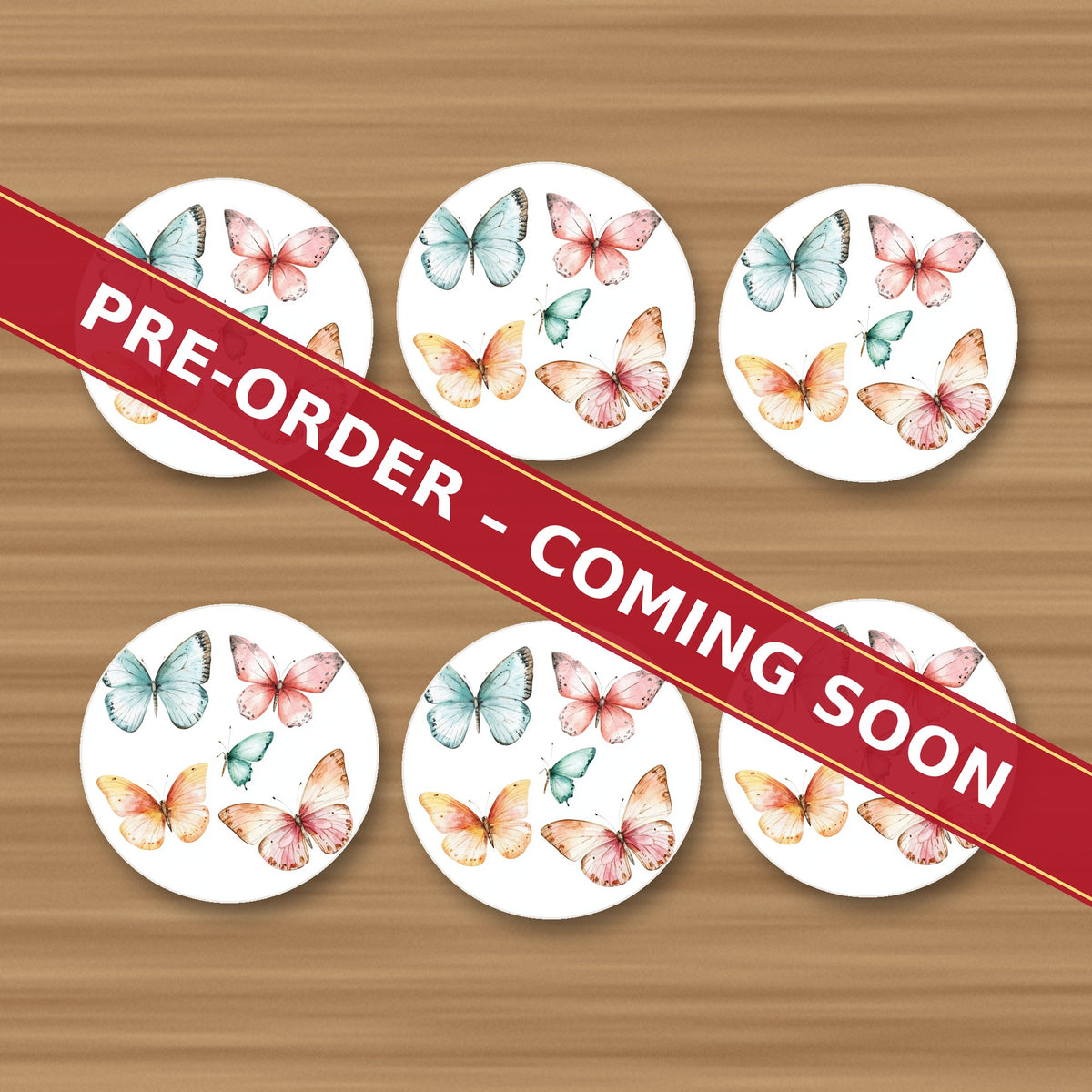 Pastel Butterflies round ceramic coaster set of 6, UV printed, pre-order coming soon