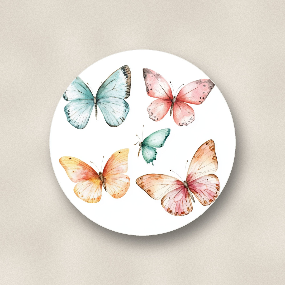 Close-up of one pastel butterflies ceramic coaster, glossy finish, flat UV print