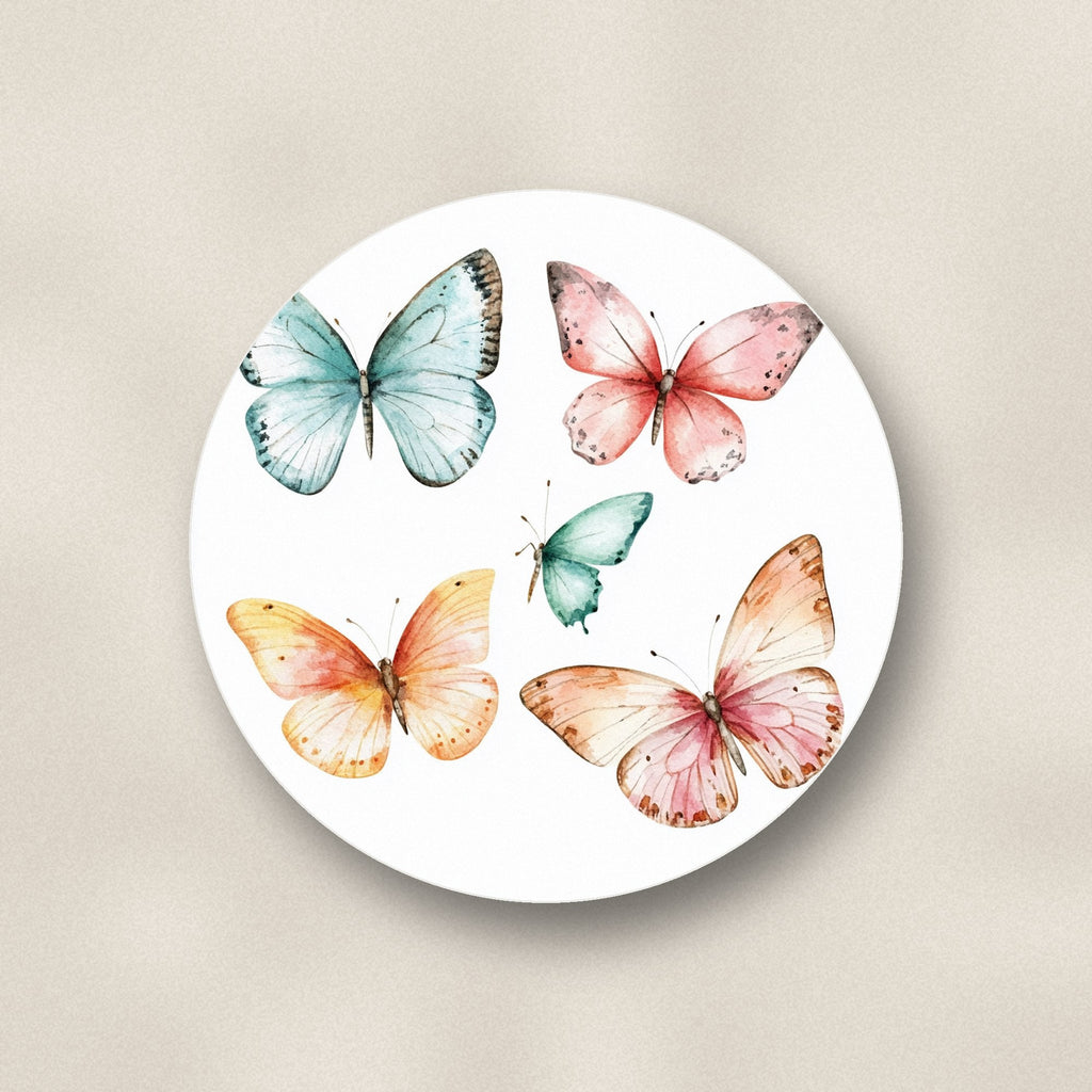 Close-up of one pastel butterflies ceramic coaster, matte finish, flat UV print