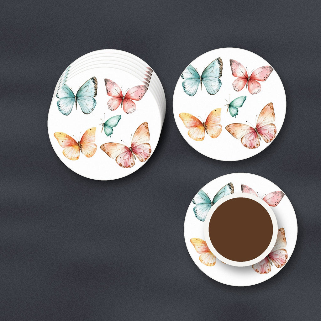 Pastel Butterflies ceramic coasters, matte finish, stacked on a slate kitchen worktop
