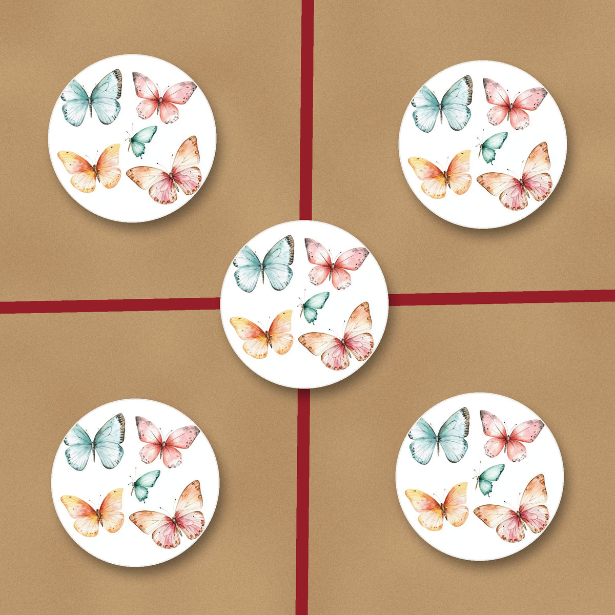 Pastel Butterflies ceramic coasters, glossy finish, on kraft gift wrap