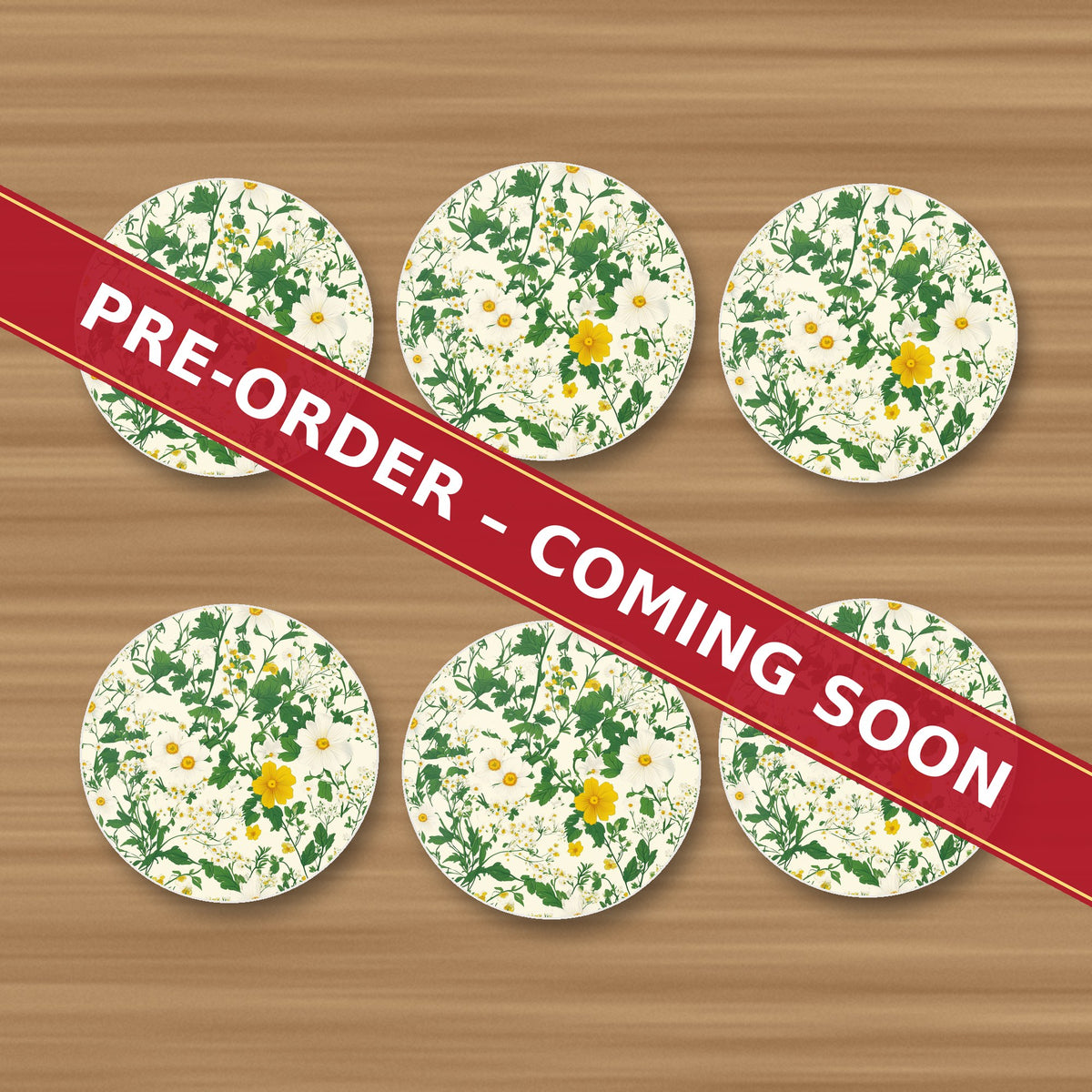 Ditsy Daisy Floral round ceramic coaster set of 6, UV printed, pre-order coming soon