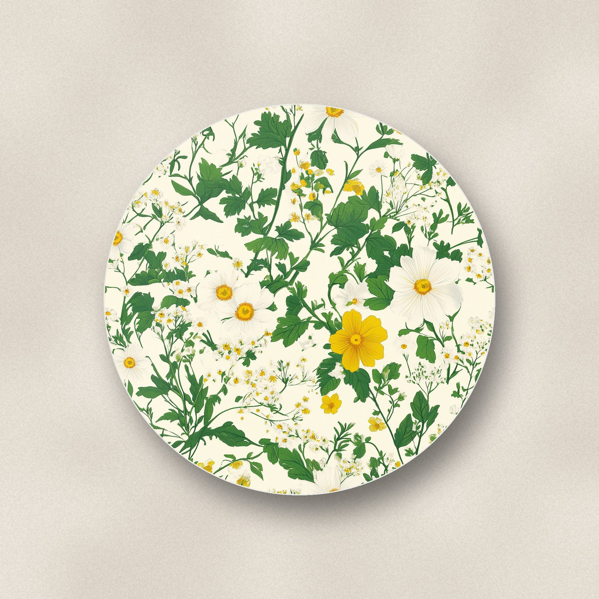 Close-up of one ditsy daisy floral ceramic coaster, glossy finish, flat UV print