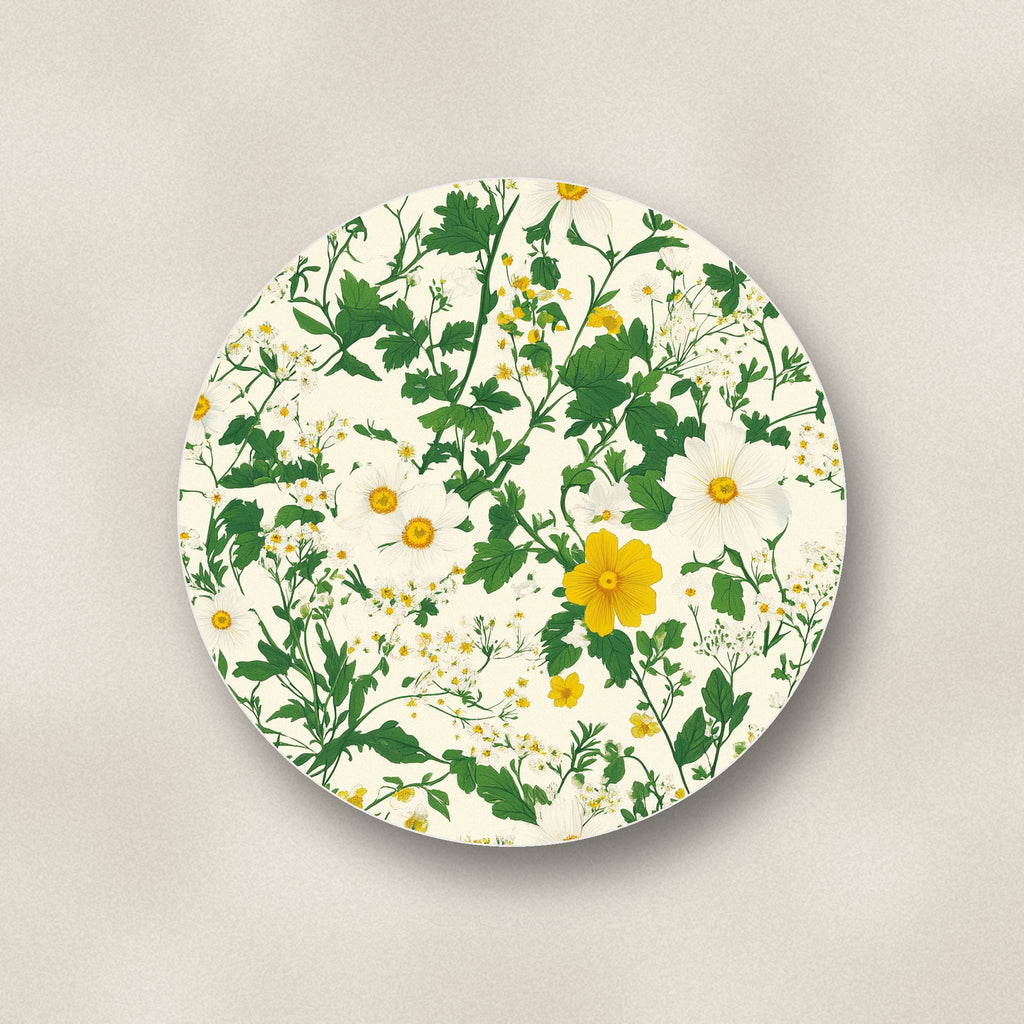 Close-up of one ditsy daisy floral ceramic coaster, matte finish, flat UV print
