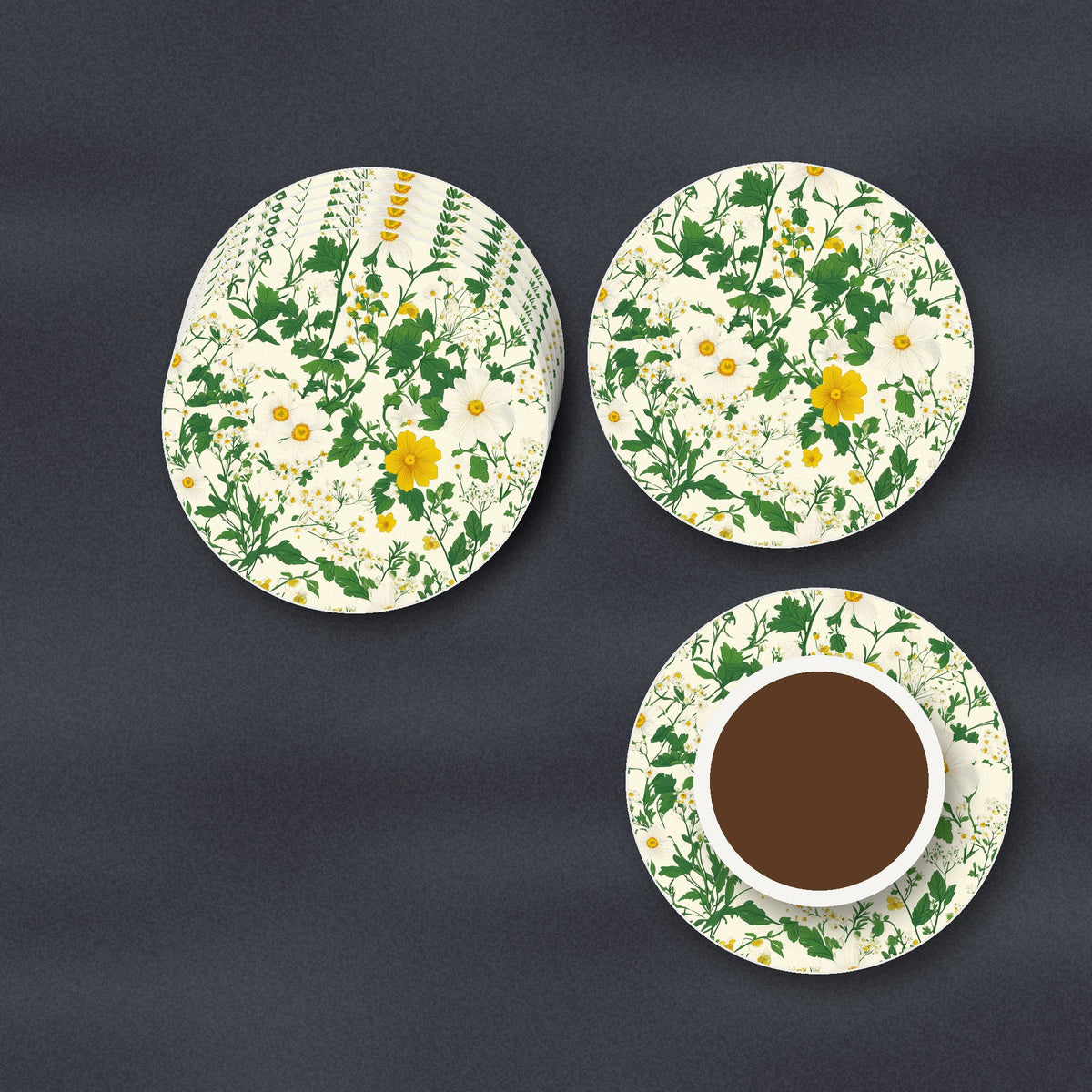 Ditsy Daisy Floral ceramic coasters, matte finish, stacked on a slate kitchen worktop