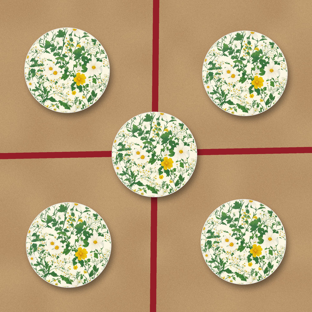Ditsy Daisy Floral ceramic coasters, glossy finish, on kraft gift wrap