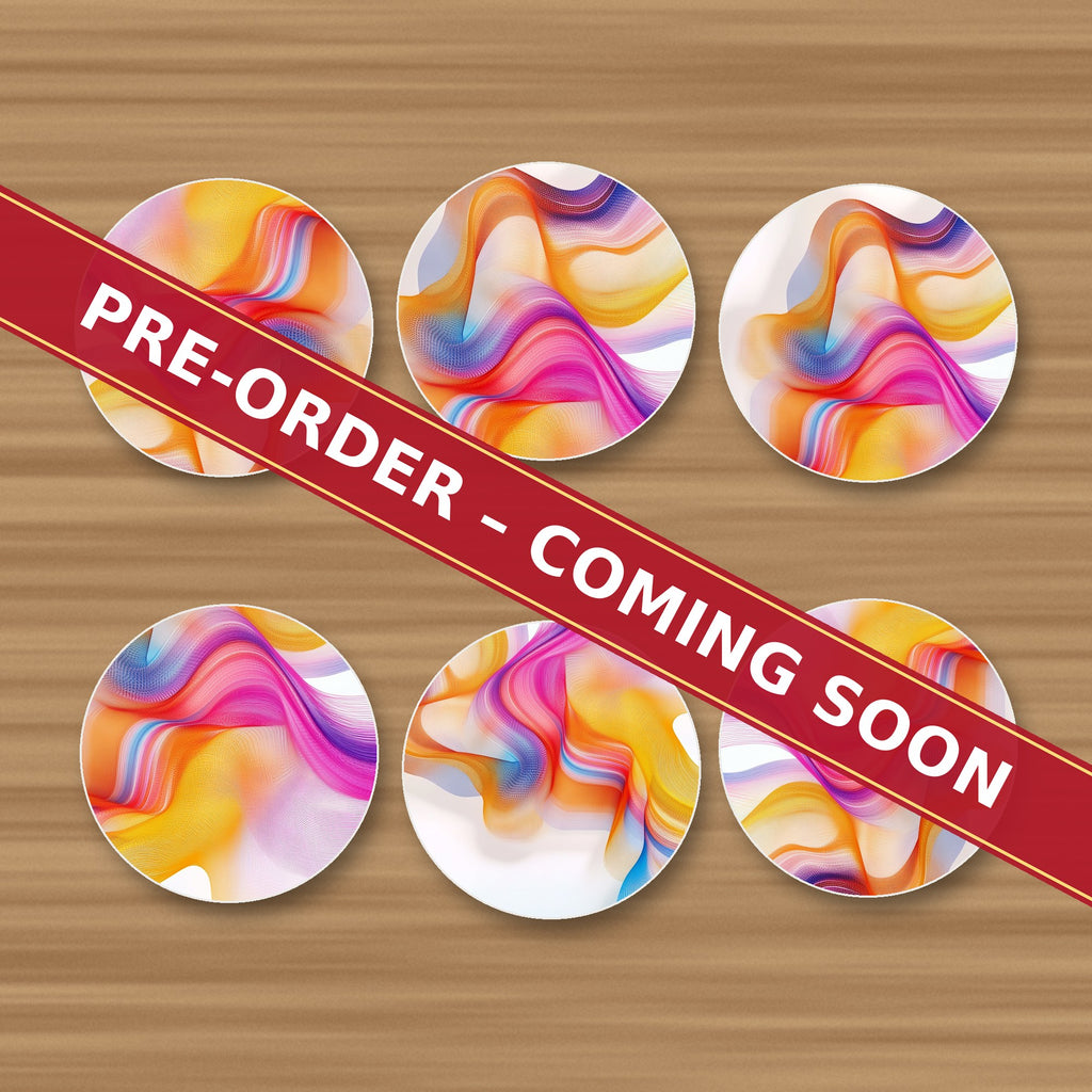 Rainbow Silk Ribbons round ceramic coaster set of 6, UV printed, pre-order coming soon