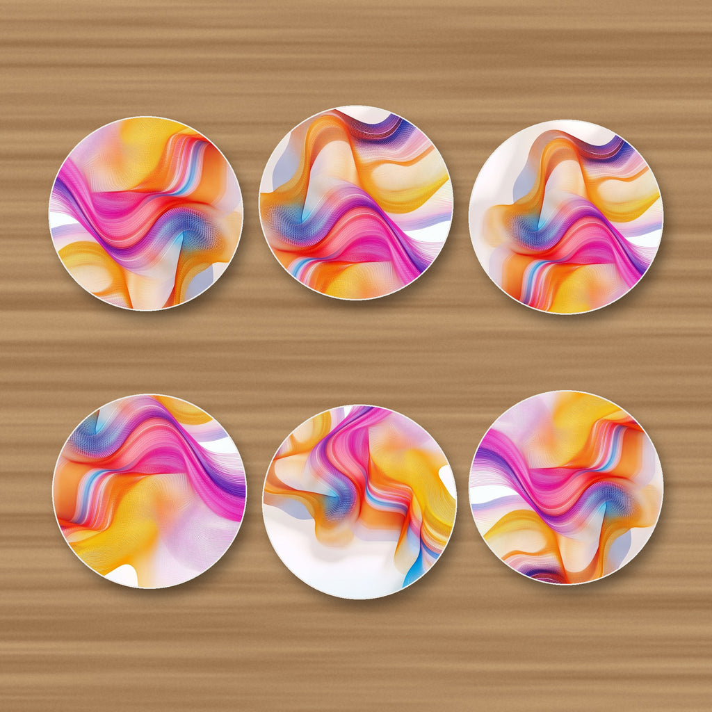 Rainbow Silk Ribbons round ceramic coasters, set of 6, glossy finish, on an oak coffee table