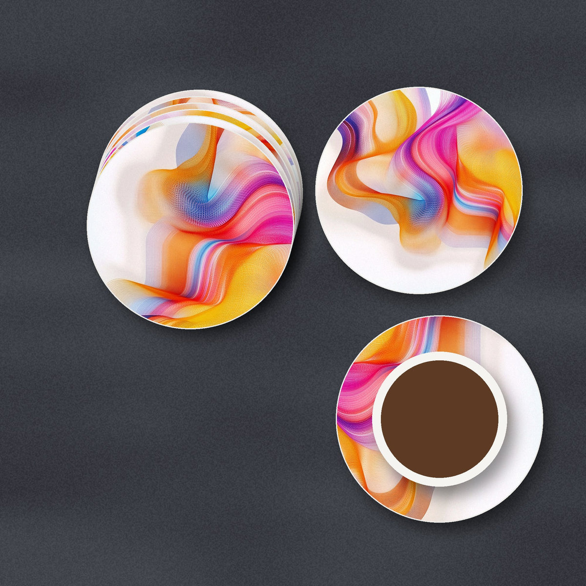 Rainbow Silk Ribbons ceramic coasters, matte finish, stacked on a slate kitchen worktop