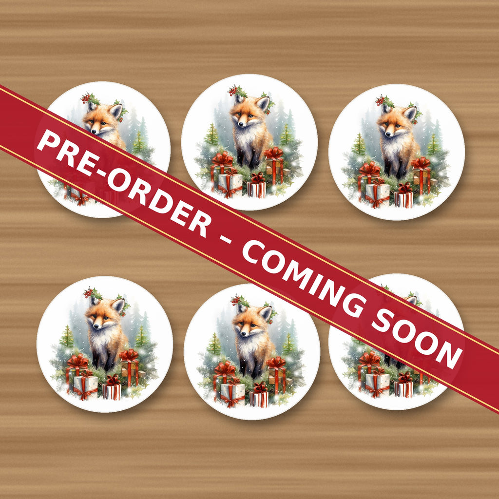 Christmas Fox with Gifts round ceramic coaster set of 6, UV printed, pre-order coming soon