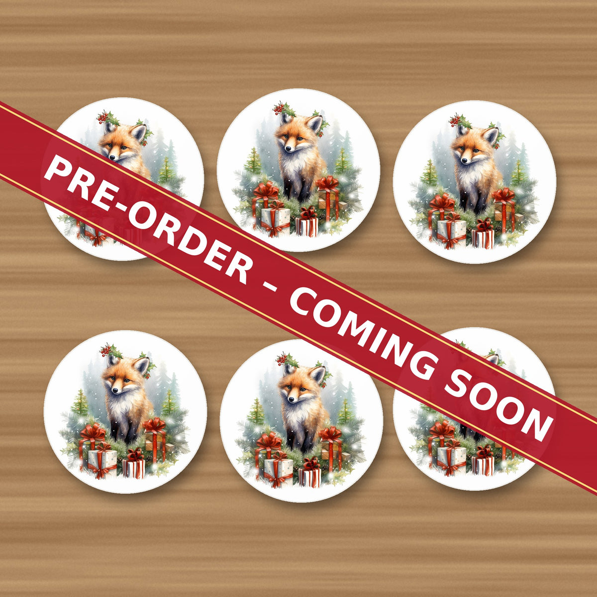 Christmas Fox with Gifts round ceramic coaster set of 6, UV printed, pre-order coming soon