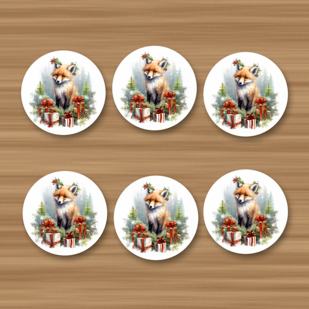 Christmas Fox with Gifts round ceramic coasters, set of 6, glossy finish, on an oak coffee table