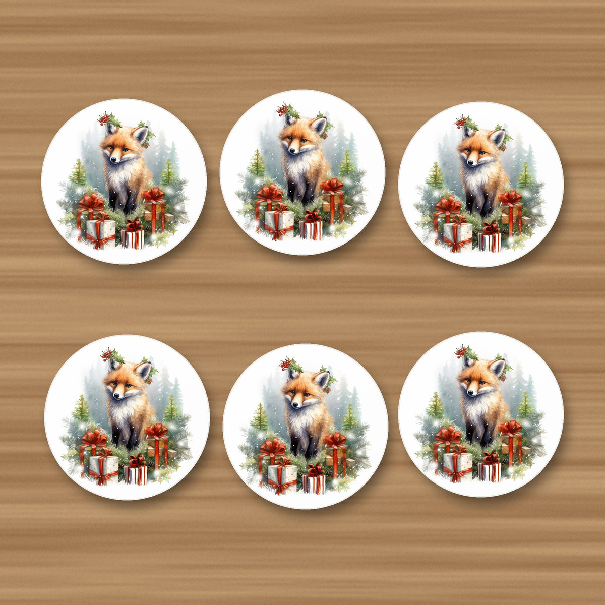 Christmas Fox with Gifts round ceramic coasters, set of 6, glossy finish, on an oak coffee table