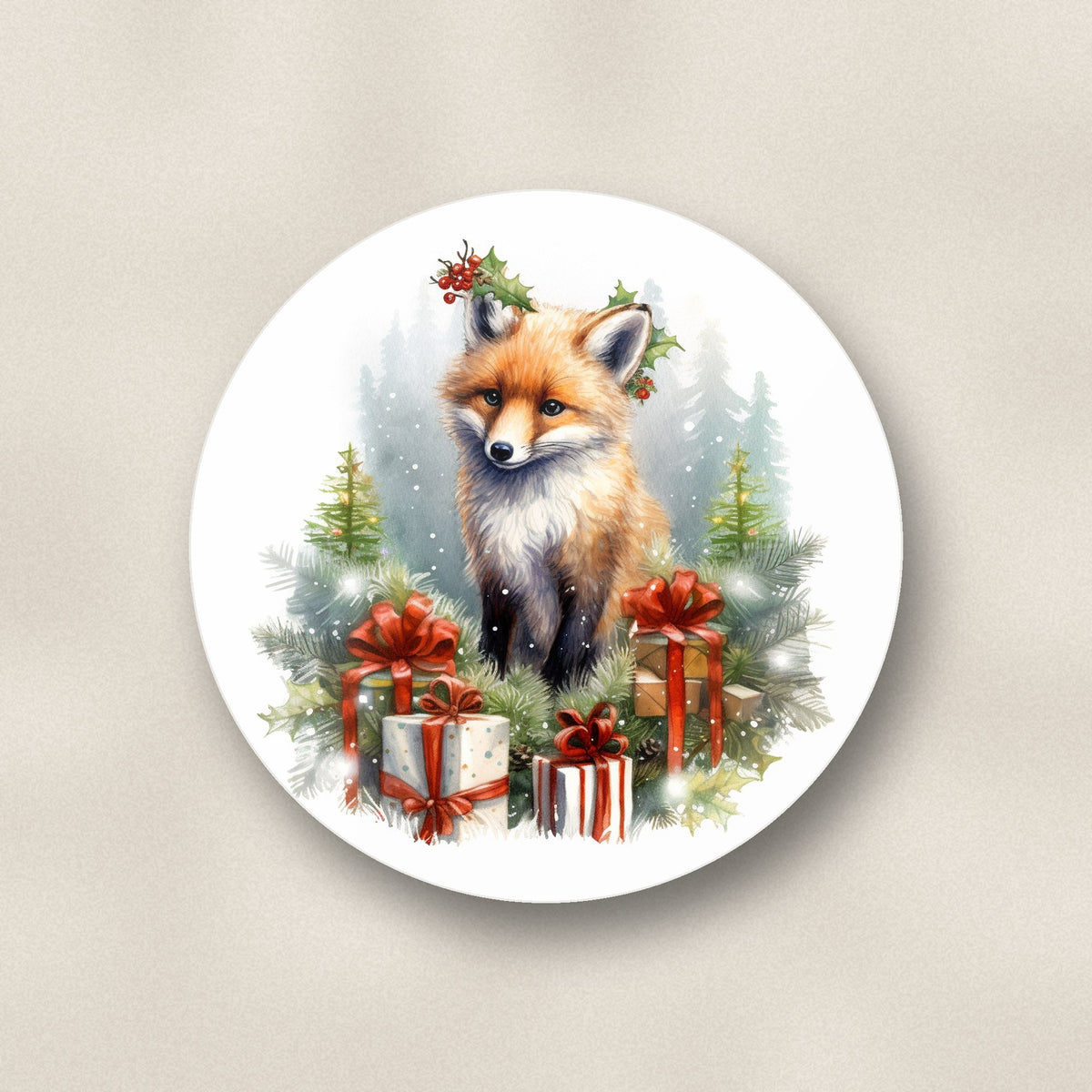 Close-up of one christmas fox with gifts ceramic coaster, glossy finish, flat UV print