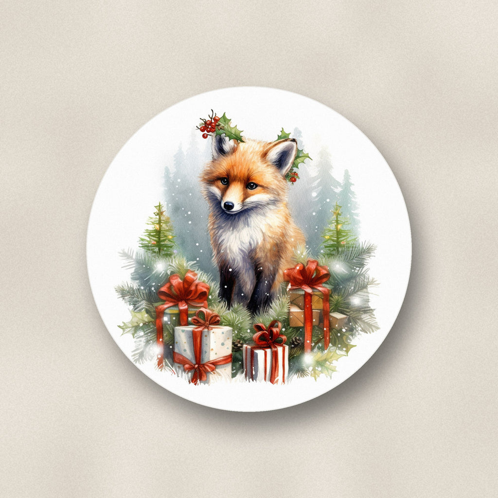 Close-up of one christmas fox with gifts ceramic coaster, matte finish, flat UV print
