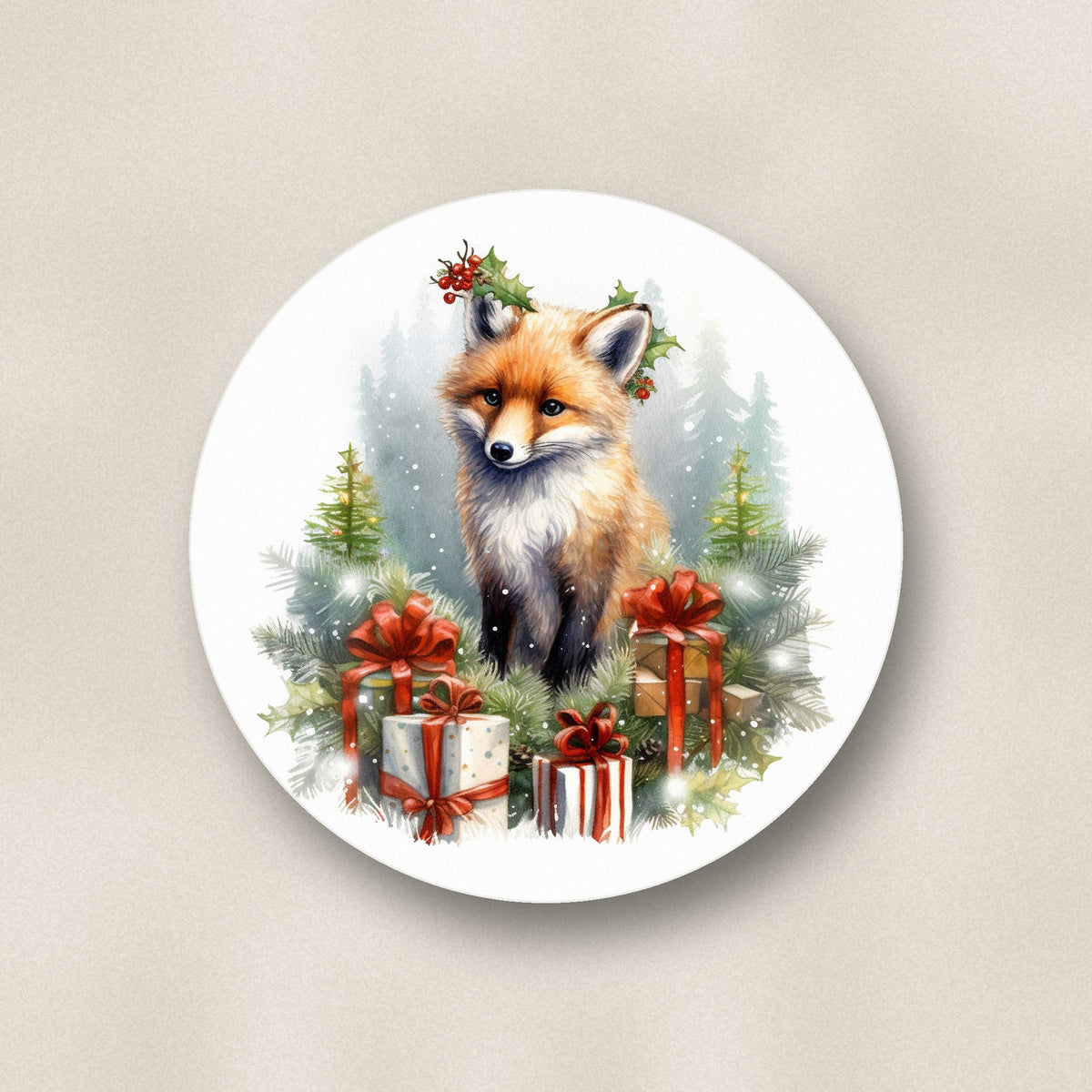 Close-up of one christmas fox with gifts ceramic coaster, matte finish, flat UV print