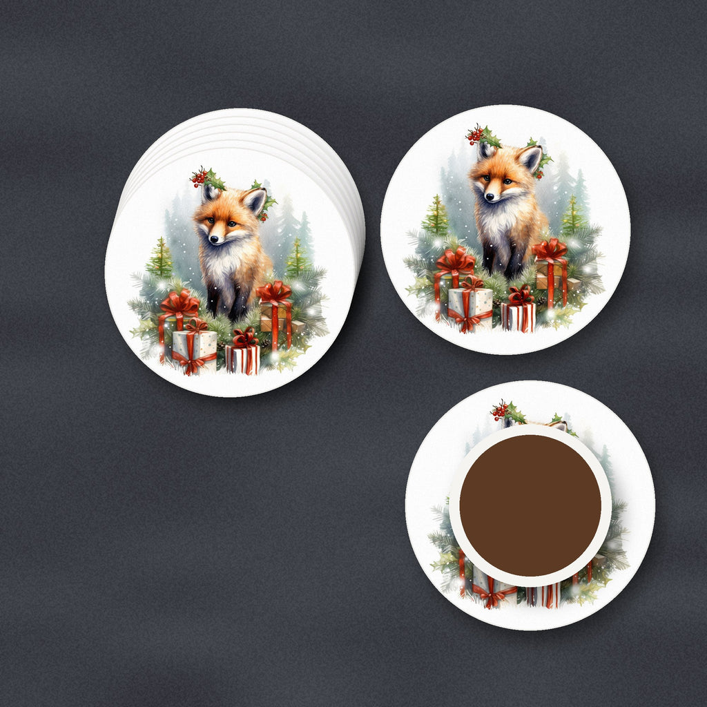 Christmas Fox with Gifts ceramic coasters, matte finish, stacked on a slate kitchen worktop