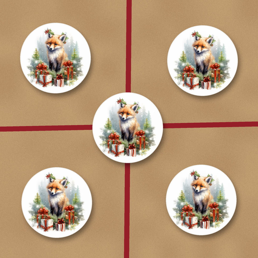 Christmas Fox with Gifts ceramic coasters, glossy finish, on kraft gift wrap
