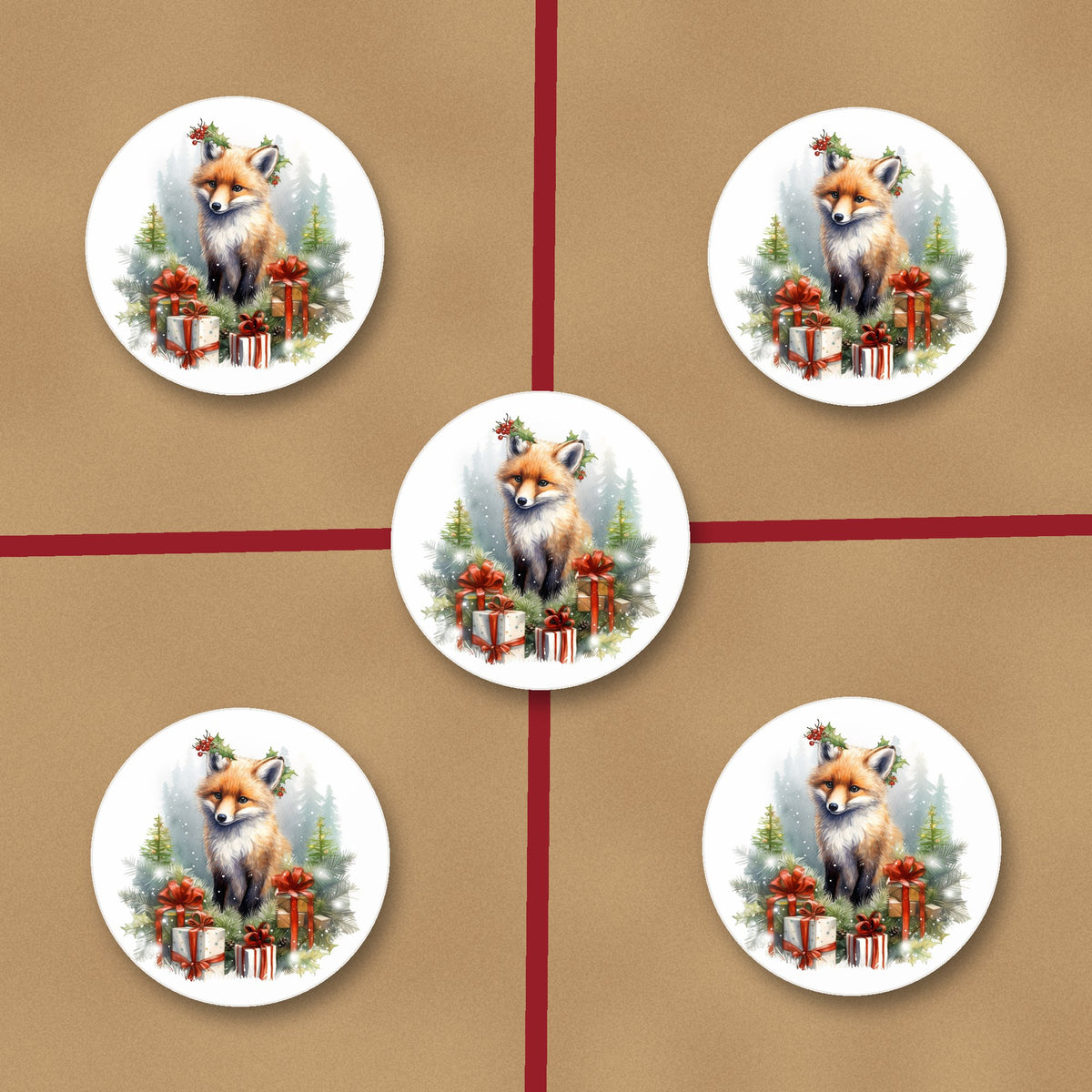 Christmas Fox with Gifts ceramic coasters, glossy finish, on kraft gift wrap