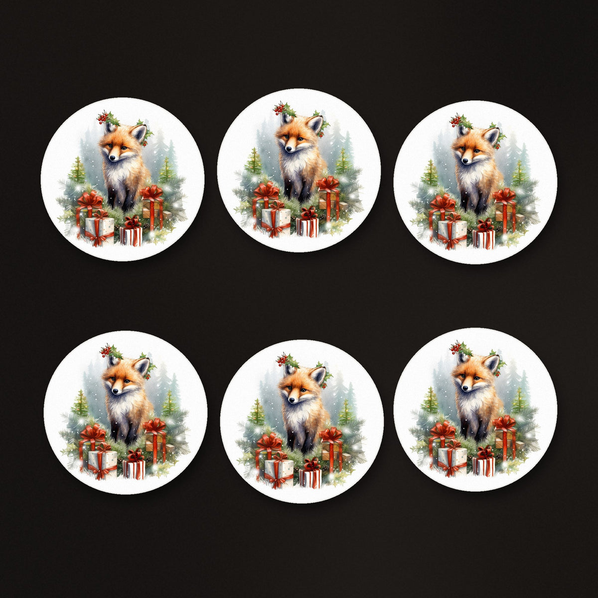 Christmas Fox with Gifts round ceramic coasters, matte finish, on a dark bar counter