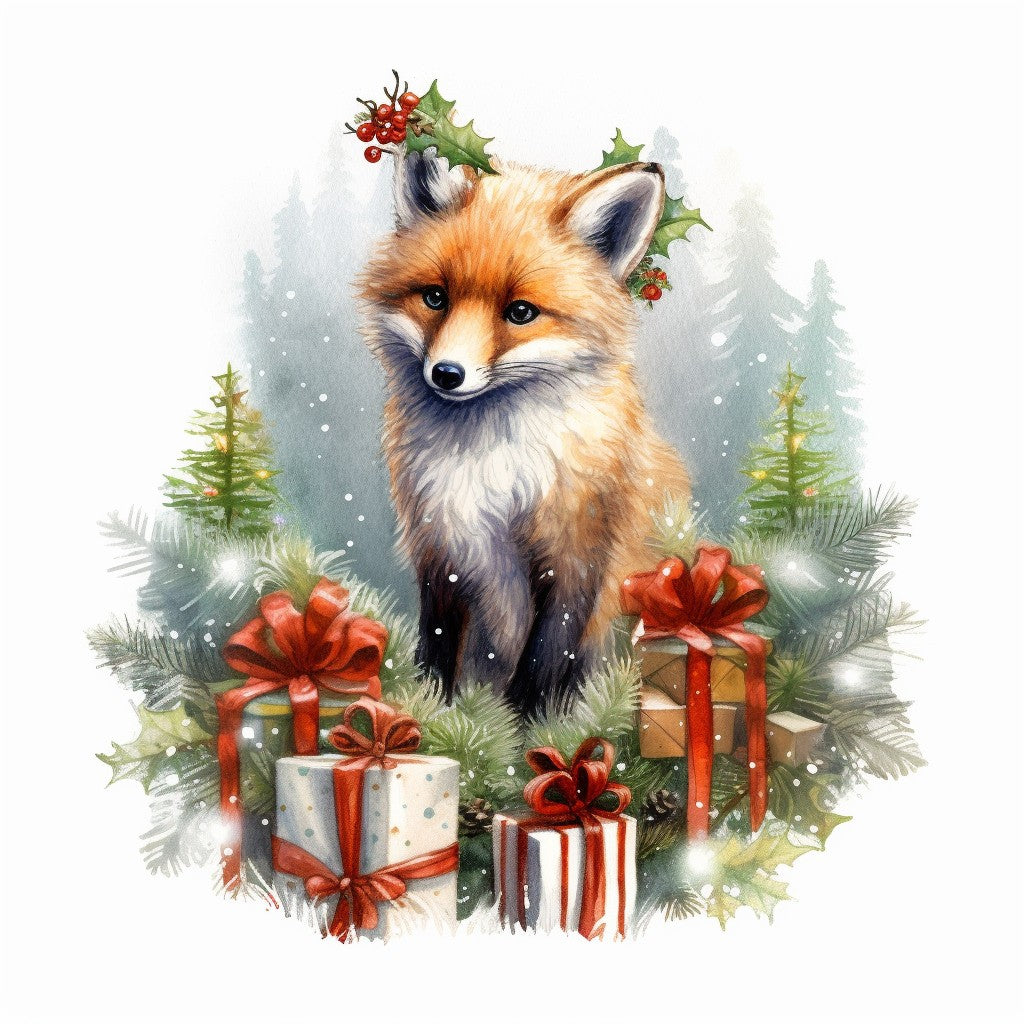 Original christmas fox with gifts artwork used on these coasters