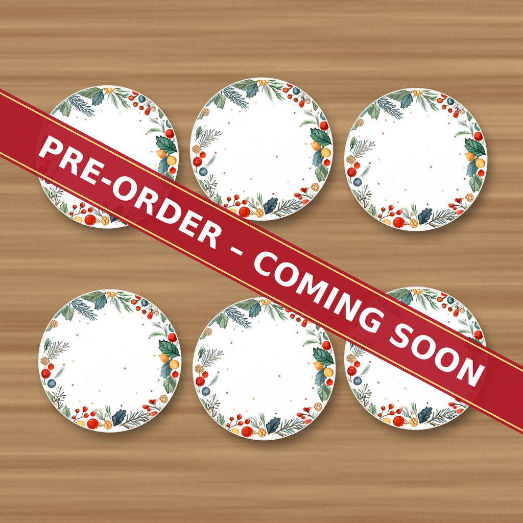 Holly & Berry Wreath round ceramic coaster set of 6, UV printed, pre-order coming soon