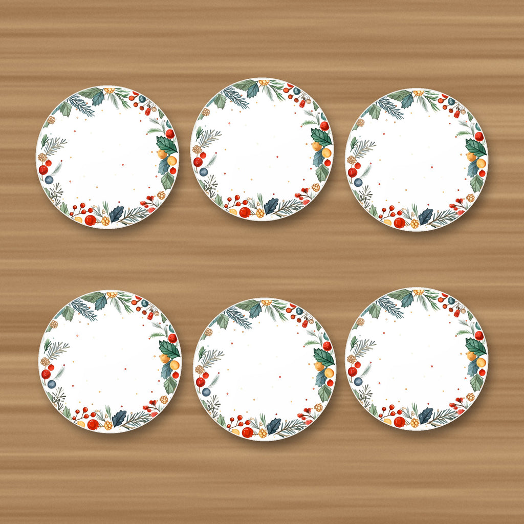 Holly & Berry Wreath round ceramic coasters, set of 6, glossy finish, on an oak coffee table