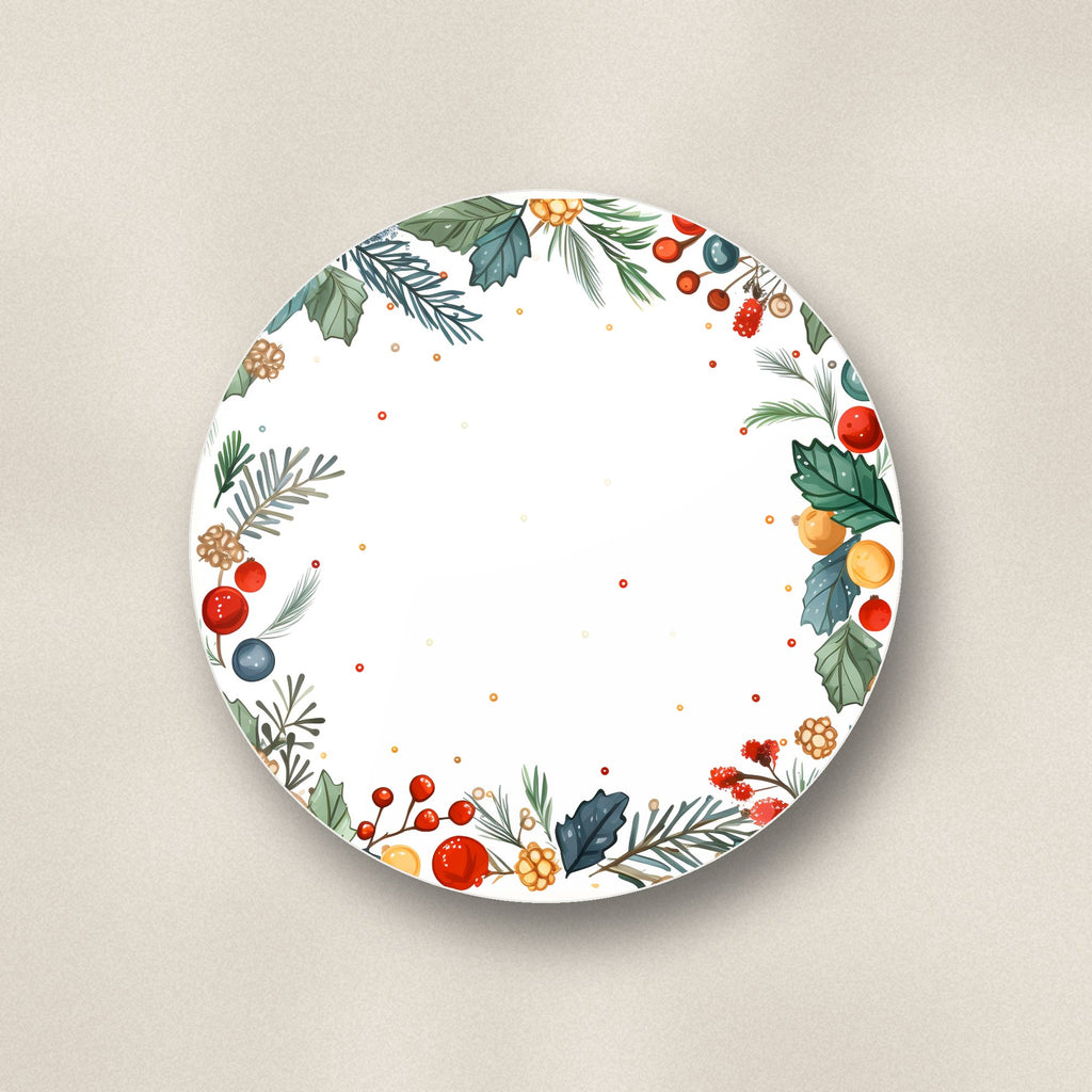 Close-up of one holly & berry wreath ceramic coaster, glossy finish, flat UV print