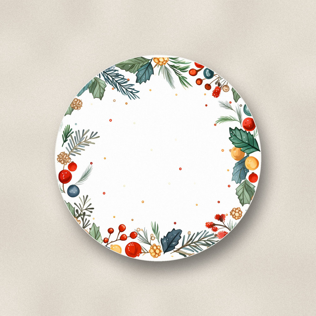 Close-up of one holly & berry wreath ceramic coaster, matte finish, flat UV print