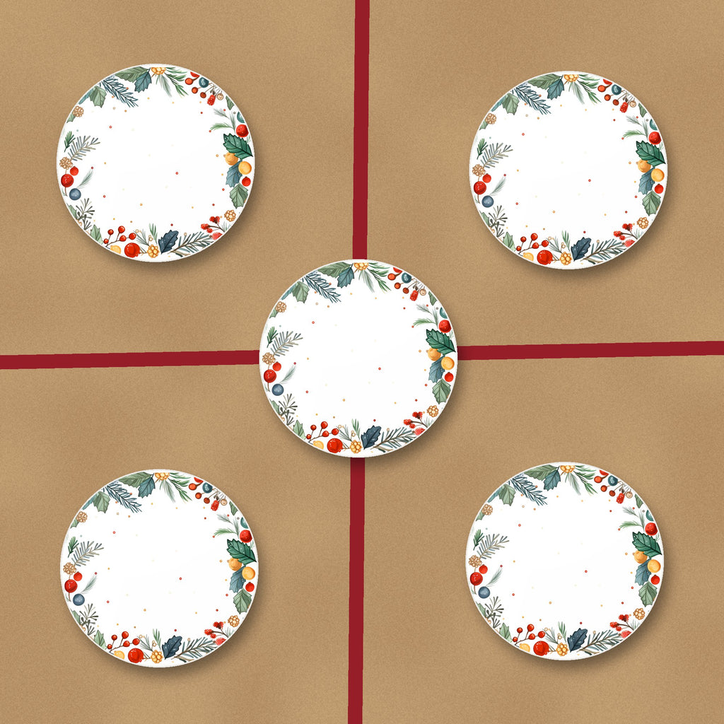 Holly & Berry Wreath ceramic coasters, glossy finish, on kraft gift wrap