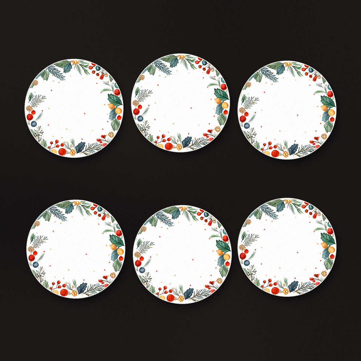 Holly & Berry Wreath round ceramic coasters, matte finish, on a dark bar counter