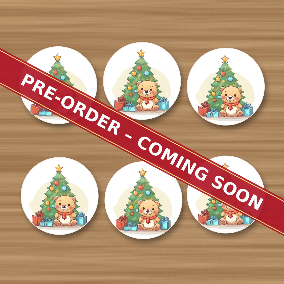 Teddy Under the Tree round ceramic coaster set of 6, UV printed, pre-order coming soon