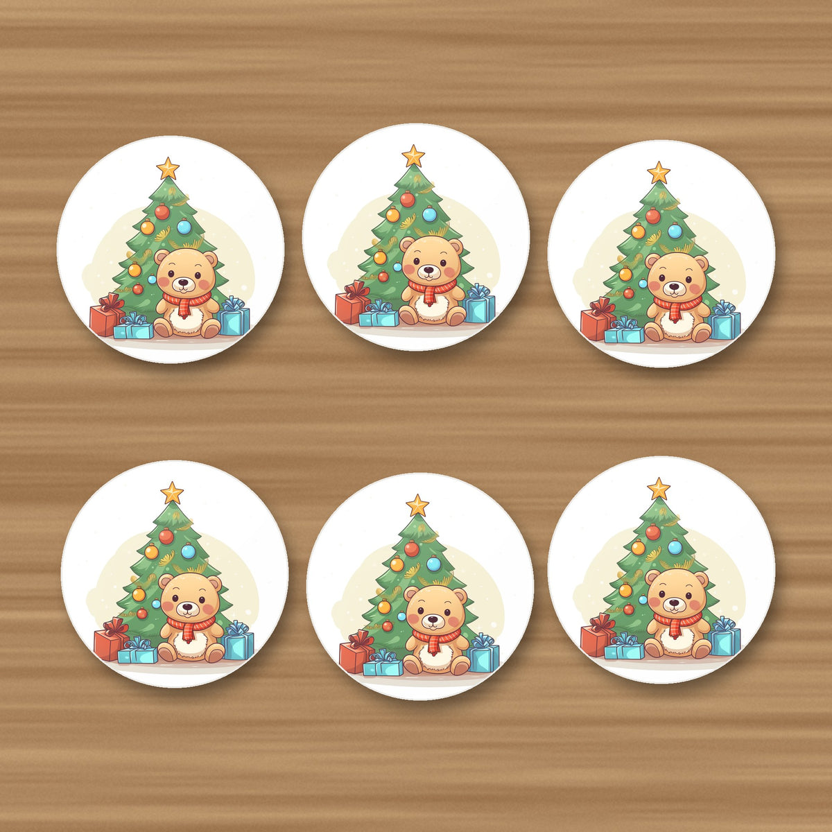 Teddy Under the Tree round ceramic coasters, set of 6, glossy finish, on an oak coffee table