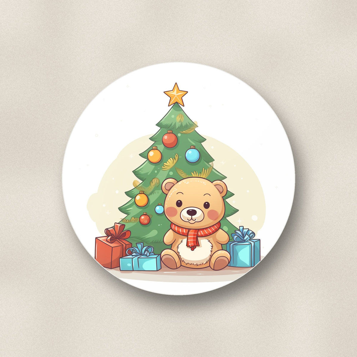Close-up of one teddy under the tree ceramic coaster, glossy finish, flat UV print